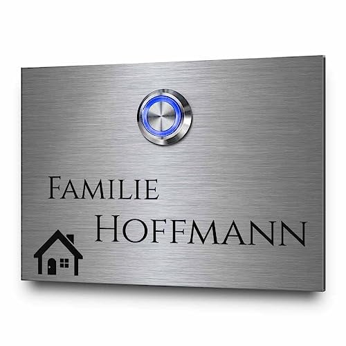 Edle Türklingel aus V2A Edelstahl mit Familiennamen und Motiv - Modell Hoffmann ab 9x7 cm | witterungsbeständige Gravur - optional beleuchteter Klingelknopf und diverses Zubehör