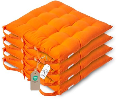 HOMESCAPES Orange Seat Pads for Dining Chair, Set of 4 100% Cotton Chair Pads with Straps, 40x40 cm