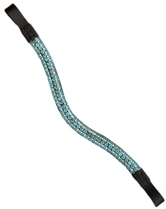 Equipride Pferde-Stirnband, -Stirnriemen, mit attraktiver Bogenform; glänzende, funkelnde Strasssteine, türkis, Black Leather, Cob 15
