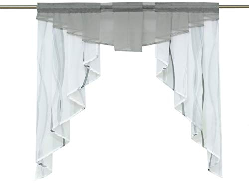 HongYa Tunnelzug Scheibengardine transparenter Voile Kurzgardine für Kleinfenster H/B 145/140 cm Weiß Silber