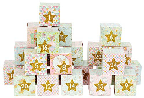 Papierdrachen DIY Adventskalender zum Befüllen - Kisten Set - Motiv Einhörner in rosa - 24 bunte Schachteln aus Karton zum Aufstellen und zum Befüllen - 24 Boxen - Weihnachten