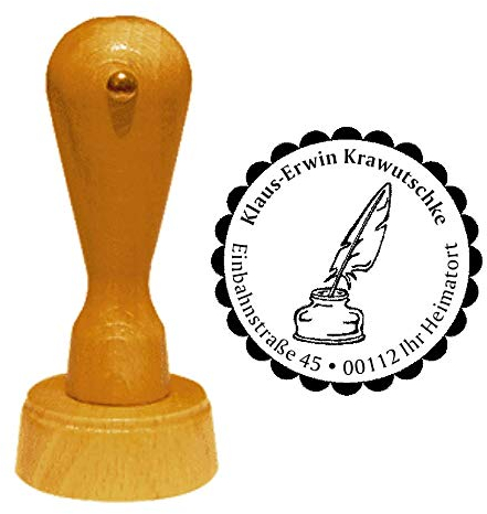 Stempel Adressstempel « TINTENFASS mit SCHREIBFEDER » Durchmesser ca. Ø 40 mm - mit persönlicher Adresse und Motiv - Tinte Fass Feder
