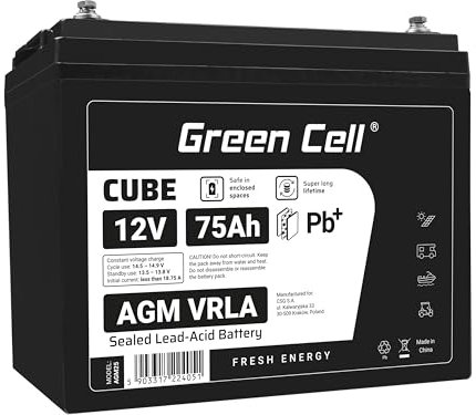 Green Cell Recambio de Batería Gel AGM 12V 75Ah Rechargeable Pila Sellada de Plomo ácido batería sin Mantenimiento Batería de Reemplazo para Autocaravanas Barcos Camper Fotovoltaica