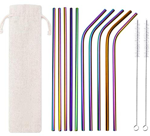 AF-WAN Wiederverwendbare Metall Trinkhalme 10 Set, bunte Edelstahl Strohhalme mit 2 Reinigungsbürste für Smoothie Heißgetränke mit Tasche Regenbogen