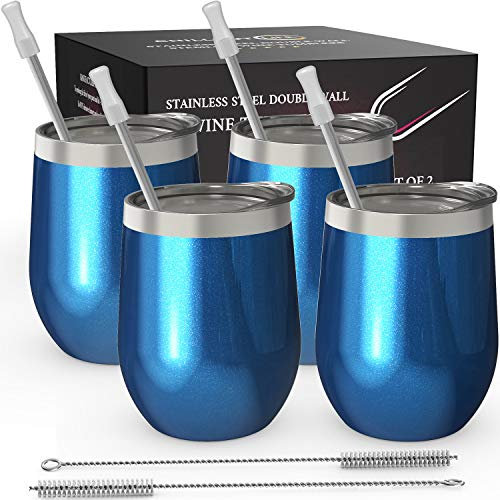 CHILLOUT LIFE Lot de 4 verres à vin sans pied en acier inoxydable Bleu brillant 340,2 g | Double paroi isotherme sous vide avec couvercles et pailles Lot de 4 pour café, vin, cocktails, glaces
