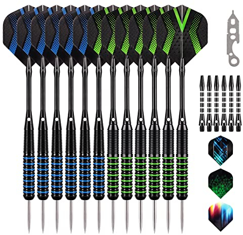 Grebarley Dartpfeile mit Metallspitze,6 Stück 20 Gramm und 6 Stück 22 Gramm,Profi Steeldarts 18 Aluminium Schaft mit 9 Flights 20 Orings