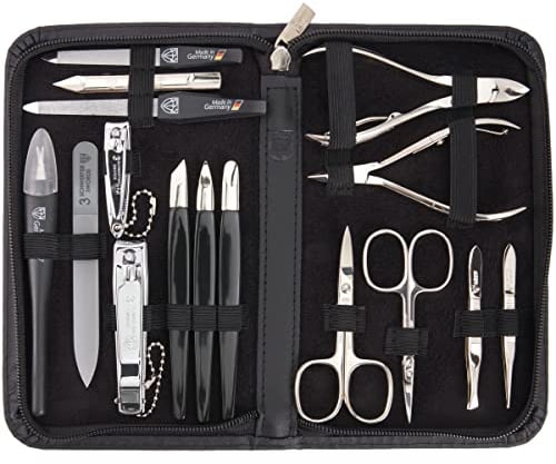 DREI SCHWERTER - 16-tlg. Maniküre-Pediküre-Set 'Cinisello' | Hochwertiges Nageletui aus Echtleder zur Hand- & Fußpflege. Farbe: Schwarz | Inhalt: Nagelschere, Nagelknipser, Pinzette & vieles mehr!