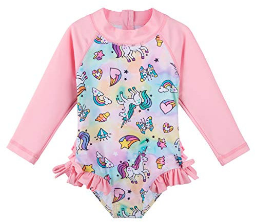 XFGIRLS One Piece Swimsuit Long Sleeve Anti-UV Swimsuit for Girls newborn to 11 Years, Pink Unicorn, 2-3 Years