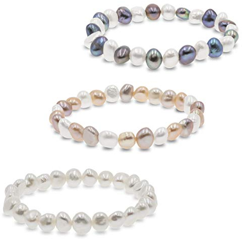 Secret & You Perlenarmband mit weißen oder bunten barocken Süßwasserzuchtperlen - Perlen sind 8-9 mm 22 Perlen insgesamt -18cm Elastisches Band - In verschiedenen Farben erhältlich