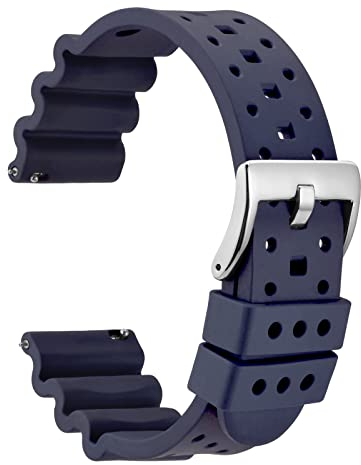 WOCCI 22mm Ventilato Cinturino per Orologio da Uomo, FKM Gomma (Non Silicone), Fibbia Argento (Blu Navy)