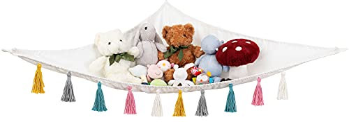 Mkono Toy Hammock Stuffed Animal Hanging Macrame Stuff Animals Organizer Storage with Colorful Tassels Boho Large Corner Toys Net Holder for Nursery Play Room Bedroom Kid Room, White 47x47x63