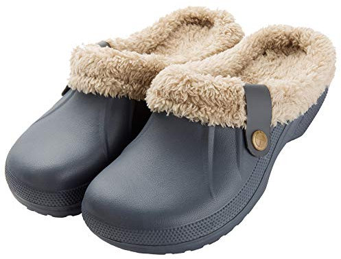 CELANDA Clogs Gefüttert Damen Herren Warm Hausschuhe wasserdichte Gartenclogs mit Fell Frauen Geschlossen Lined Clogs Winter Plüsch Pantoletten Grau 37/38 EU