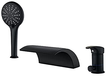 3 Loch Wannenrandarmatur mit Ausziehbarem Handbrause Wasserfall Dusche Schwarz Einhandmischer Badewannenarmatur mit Handbrause Wasserhahn Badewanne Armatur Kalt und Kalt Multifunktions