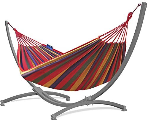 Potenza Outdoor Hängematte mit Gestell für 2 Personen I Baumwolle Doppelhängematte XXL 220x160, 200kg I Hängemattengestell 220kg, wetterfest (Rot, Gestell Grau)