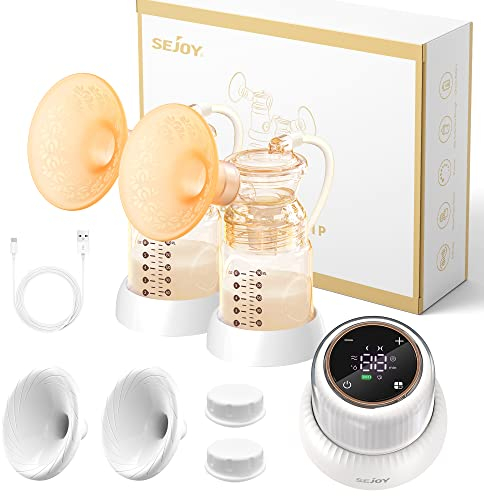 Sejoy Breast Pumps Electric Hands Free, Double Breast Pump with 6 Modes and 9 Suction Levels, Breastfeeding Portable Wearable Rechargeable, Memory Function, LED Screen, for Travel and Home, BPA Free