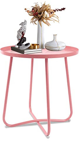 ECOMEX Petite table d'appoint ronde en métal imperméable pour salon, chambre à coucher, jardin, balcon, terrasse (rose)