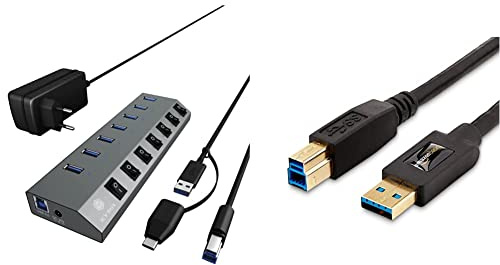 ICY BOX 7 Port USB 3.0 Type-A Hub Ladegerät Aluminium IB-HUB1701-C3 & Amazon Basics USB 3.0 A-Stecker-B-Stecker-Kabel (1,8 m)