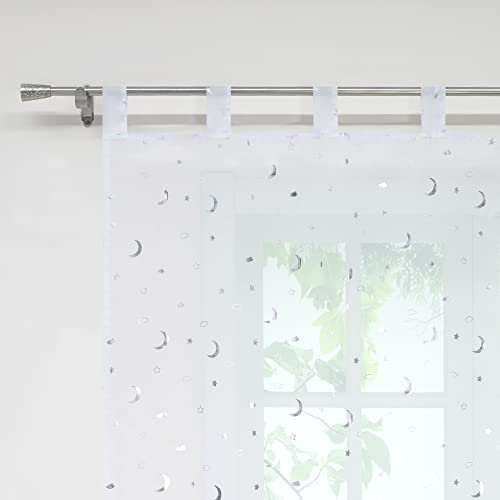 Joyswahl Voile Gardineschal Transparenter mit silberner Stern- und Mondmuster-Druck Vorhang Modern Dekoschal Fenstergardine mit Schlaufen, BxH 140x225cm