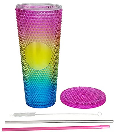 Studded Tumbler with Straw and Lid Double walled Iced coffee cup for Slush Smoothie Cinema Cup with Lid your favourite summer drinks for kids teens adults 24OZ 710ml (Gradient)