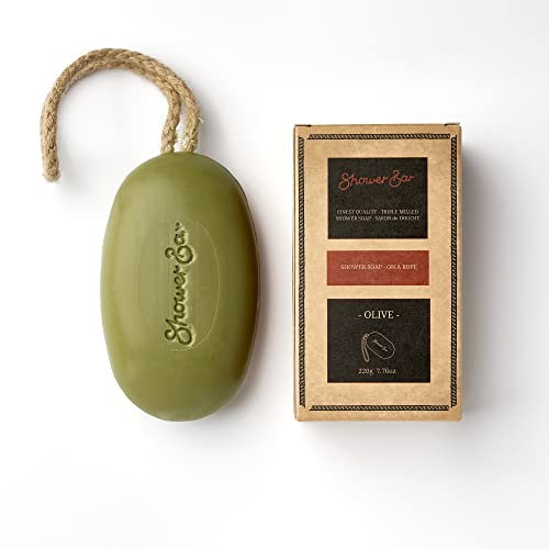 Shower Bar - Olive Scented Shower Soap on a Rope Body Wash with Shea Butter. 220g Solid Shower Gel Bar, Eco Friendly Vegan, Plastic-free, Cleansing and Moisturising (Pack of 1)