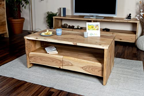 SAM Couchtisch Dahlia III, Sofatisch mit Ablage & 2 Schubladen, Akazienholz massiv + naturfarben + lackiert, Beistelltisch mit echter Baumkante, 110x60x45 cm
