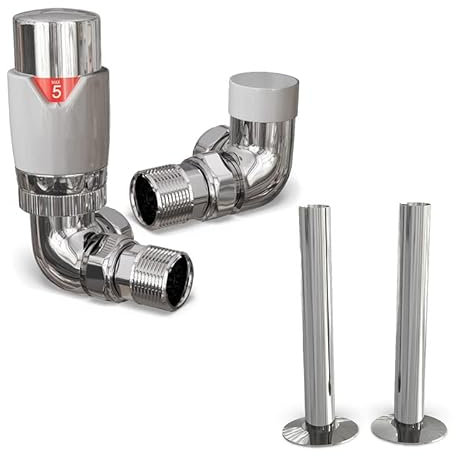 UK Radiators White Thermostatic Radiator Valves and Corner Lockshield Valve - Gloss White Finish - Modern Design 1/2 x 15mm Corner Radiator Valves with 130mm Pipe Covers