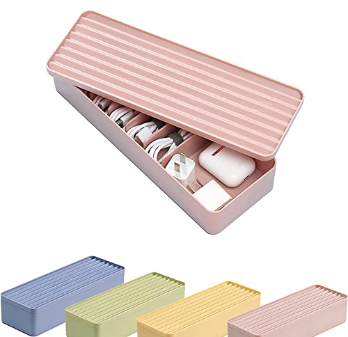 STARRY G Cable Tidy Box with Lid, 7 Grids Organizer Box, Large Storage for Cables, Charger Plug, Power Strips, Solid Color Management (Free 1.5M Ties Roll) - Single Layer, Solid Pink Velvet