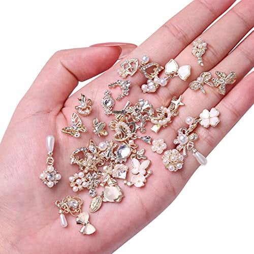3D Nail Art Charms, 50 Pcs Mixed Nail Rhinestones Shiny Luxury Pearl Nail Gems Butterfly Heart Flower Bow Nail Charms Nail Jewelry Nail Decoration for DIY Nail Design (Gold)
