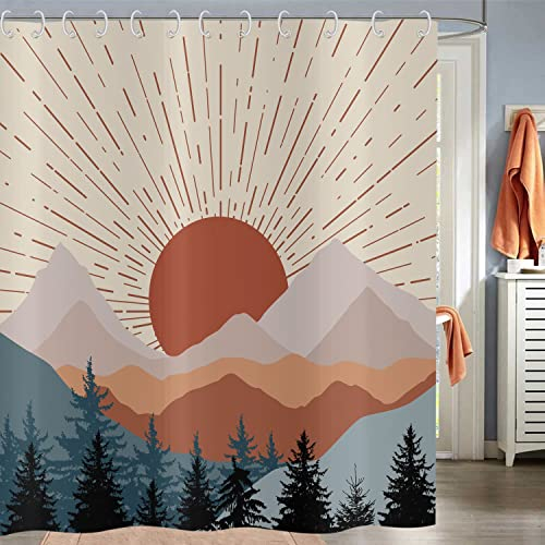 Hnmdmyi Duschvorhang Boho 180x200, Mid Century Abstraktes Gebirge Sonnenuntergang Nebliger Wald Badewanne Vorhang Modern Minimalistisch Geometrisch Kunst Wasserdicht Stoff Waschbar Badevorhang