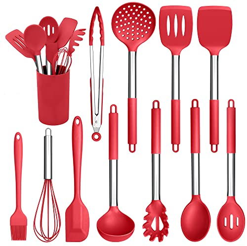 Herogo Kitchen Utensils Set, 12 Pieces Silicone Cooking Utensils with Stainless Steel Handle, Heat Resistant Cooking Tools Turner Spoon Spatula Set with Holder, Easy to Clean - Red