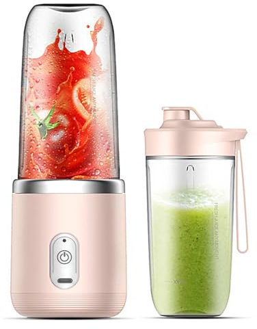 Irishom 40W Mini Batidora Portátil,Mini Licuadora de Jugo Portátil,Taza Tamaño Personal/Recargable Tipo-C/Doble Taza-Rosa