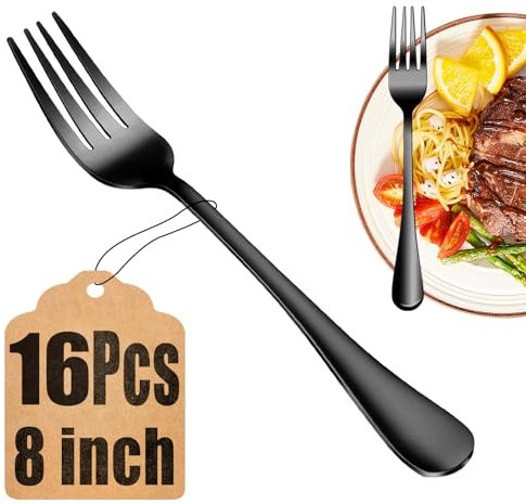 Lot de 16 fourchettes de table noires en acier inoxydable de qualité alimentaire, fourchettes à couverts en métal pour la maison, la cuisine ou le restaurant, poli miroir, passe au lave-vaisselle,