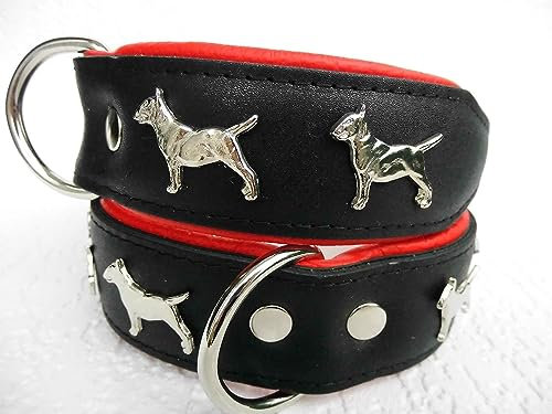 Bullterrier HUNDEHALSBAND - Halsband, Halsumfang 33-41cm/45mm, Leder Schwarz; Braun/Cognac (Schwarz/Rot)