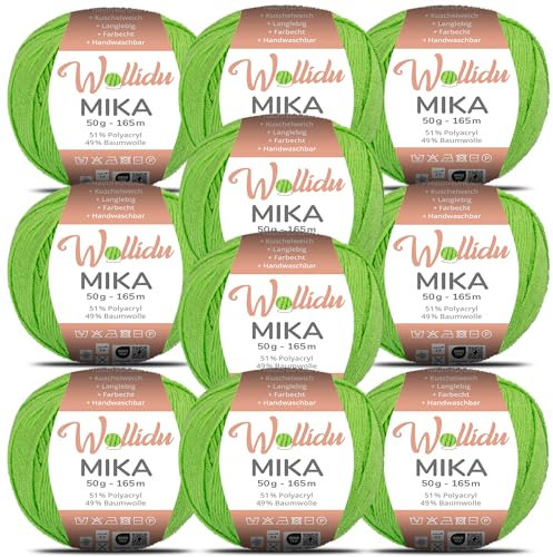 Wollidu Mika 51% Polyacryl 49% Baumwolle zum Häkeln und Stricken 10x 50g/165m Oeko-Tex Strickgarn Häkelgarn - Pistaziengrün