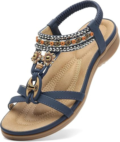 Littleplum Womens Sandals Arch Support Bohemian T-Strap Flower Rhinestone Sandals Women's Non Slip Summer Beach Flat Sandals Blue Size 9.5