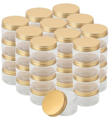 LEXININ 40 barattoli in plastica da 100 ml con coperchi dorati, piccoli contenitori in plastica a bocca larga per spezie e cereali