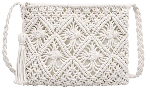 MEGAUK Mini bolso cruzado de paja para mujer, estilo de vacaciones, bolso de mano tejido para verano, playa, bolso de hombro hecho a mano para mujer, 05850 Blanco, Talla Unica