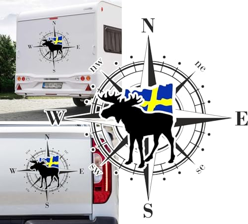Kompass Schweden Fahne Elch Umriss Urlaub Norden Elche Skandinavien Aufkleber freie Größe&Farbe Auto Camper Wohnmobil Caravan Autoaufkleber Wohnwagen Sticker Kompassrose