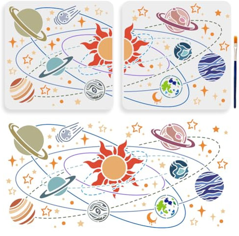 MAYJOYDIY 2 Stück Planet Galaxie Stern Schablone 54.4 × 26.7cm Zum Spleißen Großer Schablonen Zum Thema Weltraum 30 × 30cm Himmlische Planetenumlaufbahn Vorlage Für Heimwerkerarbeiten Basteln Möbel