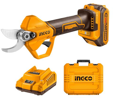 INGCO 20V Cordless Pruning Shear with Brushless Motor, Electric Branch Cutter Garden Secateurs with 1Pcs 2.0Ah Battery and Charger Cutting Diameter 0-25mm CSSLI202581
