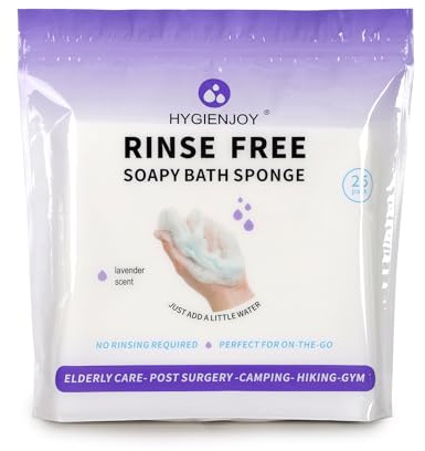 HYGIENJOY-Rinse Free Bath Sponges for Adults-Disposable No Rinse Bathing Wipes-25 Pack,Soap Infused,Extra Thick and Dry Shower Wipes for Elderly,Camping,Post Surgery Must Haves,(Lavender 25 Counts）