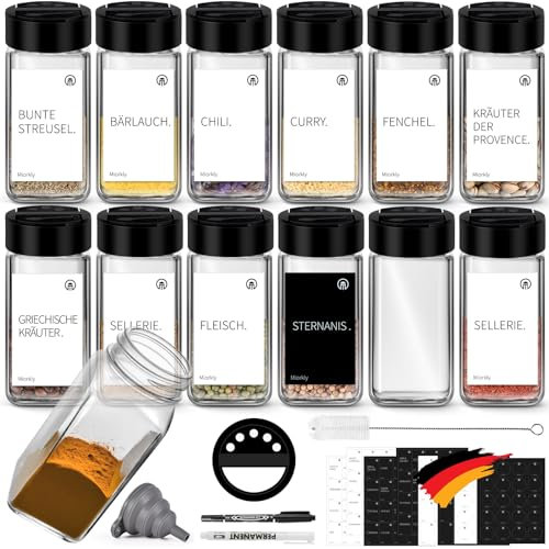 Miorkly Gewürzgläser Set,12er Gewürz Organizer,Schwarze Gewürzbehälter mit Unterschiedlich Öffnungen,Gewürzdosen Eckig mit Deutsche Etiketten,Bürsten, Stifte, Trichter
