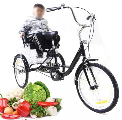 20 Zoll Fahrrad Dreiräder,3 Räder 1 Gang-Fahrrad Dreiräder mit Kindersitzes und Rückenlehne Einkaufskorb Dreirad Fahrrad Cruise Bikes Sitzverstellung Höhe für Erwachsene Dreirad