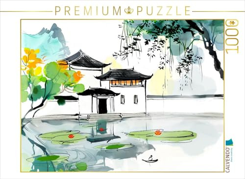 CALVENDO Puzzle Chinesische Tempelanlage am Seerosenteich. Tuschemalerei | 1000 Teile Lege-Größe 64 x 48 cm Foto-Puzzle für glückliche Stunden