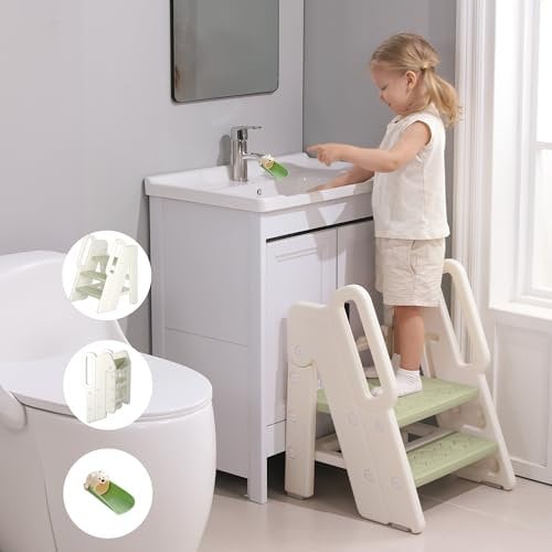 hoopyosms Taburete Plegable Niños, Escalera Plegable de 3 Pasos, Altura Regulable, Antideslizante, Torre de Aprendizaje Montessori Ajustable, Verde