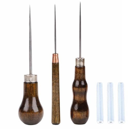 Lezna Coser Cuero Punzón, Punzón con Mango de Madera, Punzón de Costura, Herramienta de costura, Punzón Hecho a Mano, Para coser Cuero, Cuero Hecho a Mano, Bricolaje, Viene con 3 fundas protectoras