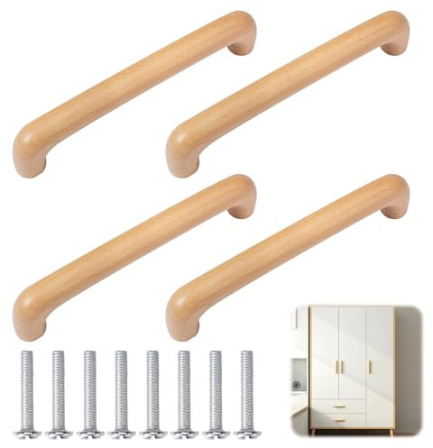 4 Pièces Poignee de Meuble Cuisine Bois, 143 mm Poignet Tiroir, Poignée Placard avec 8 Vis, Surface Cirée Poignee Porte Cuisine, Arche Poignées Cuisine, Poignée en Bois pour Portes, Armoires, Tiroirs
