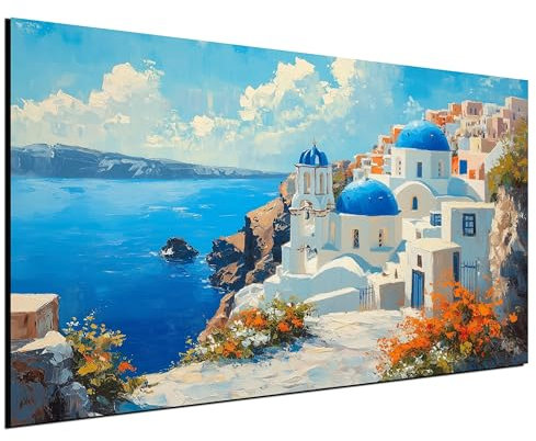 DARO Design® Bilder 40x30 cm Wohnzimmer Deko Modern Wandbild Foto auf Leinwand Bild Schlafzimmer Room Decor Geschenke Kunstdruck Griechenland Meer Santorini Gemälde Ölfarbe blaue Dächer