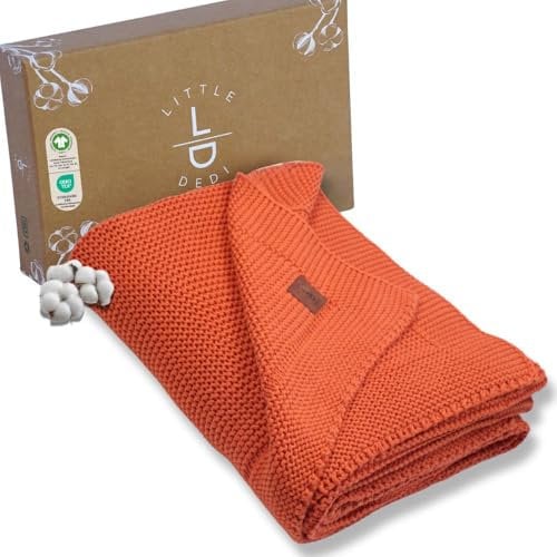 Little Dedi Atmungsaktive, Temperatur regulierende Luxus Strickdecke aus Bio-Baumwolle GOTS Zertifizert - Ideal als Kuscheldecke und Geschenk für Babys (Kürbis Orange)