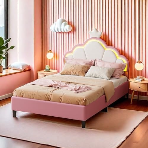 BONUIE Lit Enfant Rembourré 140x200 cm lit Fille avec Tête de Lit en Forme de Couronne et Bande LED de Princesse PU Rose (sans Matelas) (140 x 200 cm)